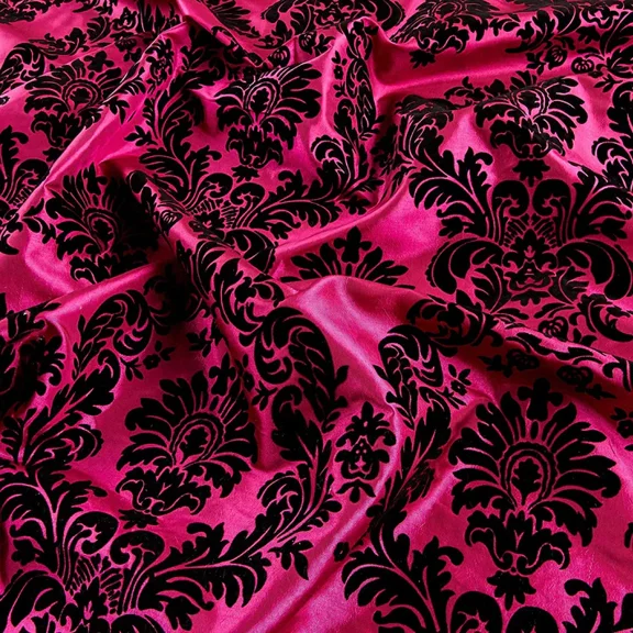 Burlap Fabrics Flocked Damask Taffeta Fuchsia - 58 to 60 Inch Wide 100 Polyester Sold by the Yard
