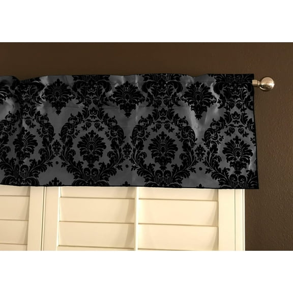 Flocked Damask Window Valance 58" Wide Black on Silver