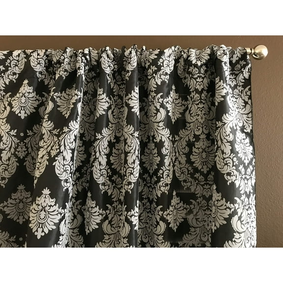 Flocked Damask Window Valance 58" Wide Grey on Black