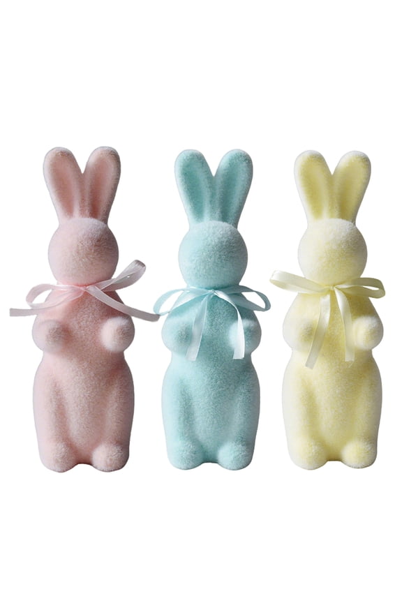 Flocked Easter Bunny Decor Decorative Rabbit Statues Artificial Green Moss Bunnies Easter Decorations Flocking Rabbit Figures Spring Table Centerpieces Decoration Pastel