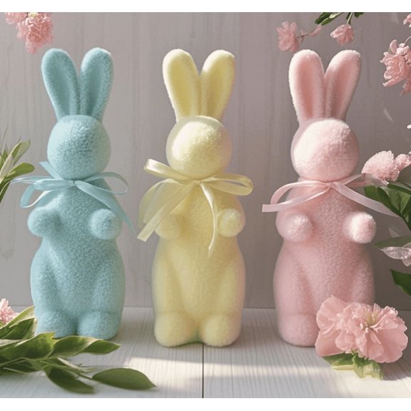 Flocked Easter Bunny Decor - Flocking Rabbit with Bow tie Tabletop Ornament Spring Tables Decoration Centerpieces Indoor - Easter Decorating Bunnies for Home Party