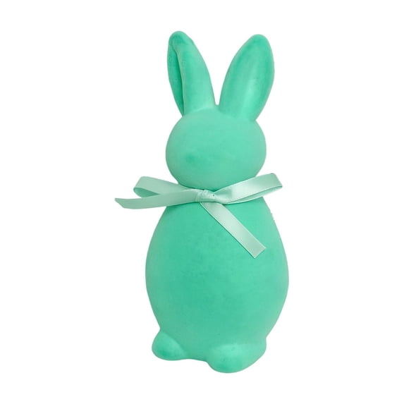 Flocked Easter Bunny Decoration with Satin Ribbon Bow, Cute Standing Rabbit Statue for Spring Home, Tabletop Decor or Indoor Party Display, Easter Basket Stuffers