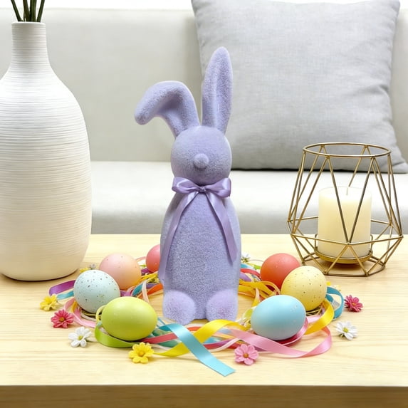 Flocked Easter Bunny Figurine - 16.14 Inch Tall Purple Velvet Foam Bunny Statue for Tabletop, Mantel, or Spring Decor, Freestanding Holiday Decoration, Easter Home Accent