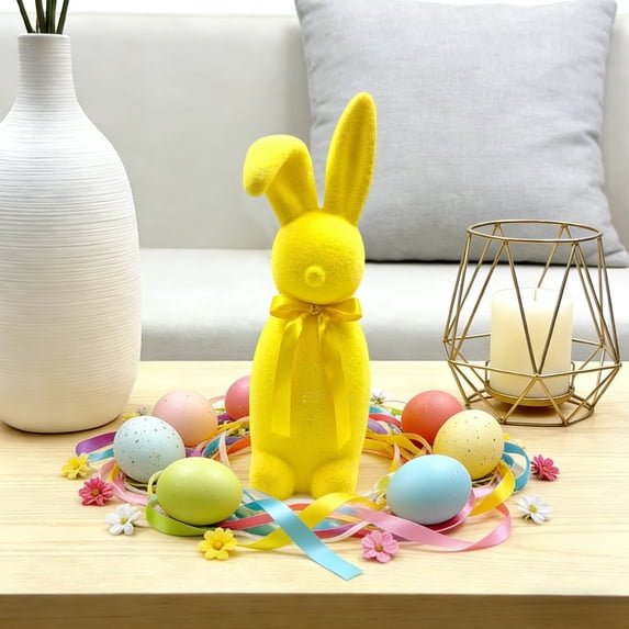 Flocked Easter Bunny Figurine - 16.14 Inch Tall Yellow Velvet Foam Bunny Statue for Tabletop, Mantel, or Spring Decor, Freestanding Holiday Decoration, Easter Home Accent