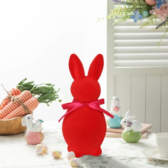 Flocked Easter Bunny Figurine, 7.87 Inch Flocking Bunnies Statue with Ribbon Bow, Cute Rabbit Table Ornaments, Coloful Animal Sculptures for Spring Home Party Supplies (Red)