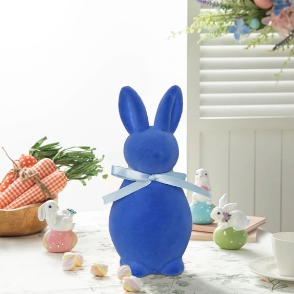 Flocked Easter Bunny Figurine, 7.87 Inch Flocking Bunnies Statue with Ribbon Bow, Cute Rabbit Table Ornaments, Coloful Animal Sculptures for Spring Home Party Supplies (Blue)