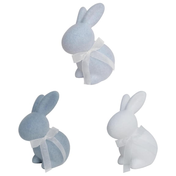 Flocked Easter Bunny Figurine with Bow - 8.6 Inch Artificial Rabbit Tabletop Decor for Spring Home, Office, Party Centerpiece and Holiday Table Decoration, Set of 3