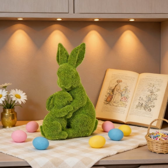 Flocked Easter Bunny Figurine, Mossy Green Rabbit Statue for Spring Decor, Tabletop Ornament for Easter Party, Home & Garden Display,Green