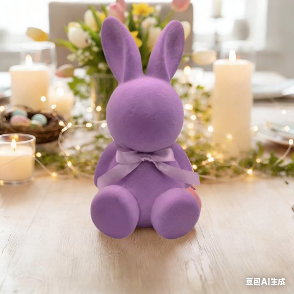 Flocked Easter Bunny Figurine with Bow Tie Cute Rabbit Table Centerpiece Decor for Easter Spring Signs Centerpieces Farmhouse Home Decor,Purple