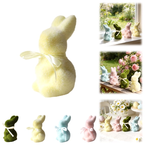 Flocked Easter Bunny Figurine with Bow Tie Cute Rabbit Table Centerpiece Decor for Easter Spring Signs Centerpieces Farmhouse Home Decor