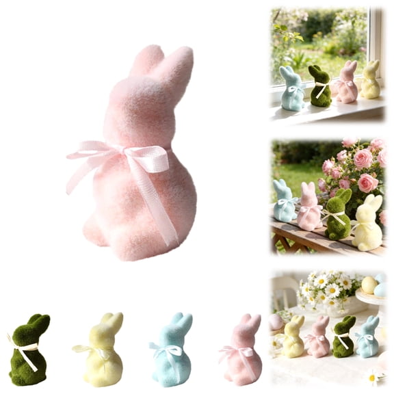 Flocked Easter Bunny Figurine with Bow Tie Cute Rabbit Table Centerpiece Decor for Easter Spring Signs Centerpieces Farmhouse Home Decor