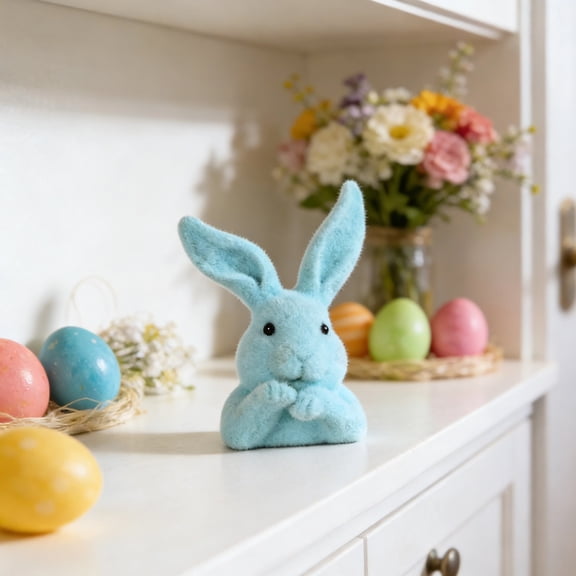 Flocked Easter Bunny Head Decoration 6.3 inches, Artificial Moss Bunnies Figurine, for Tabletop Shelf Display and Easters Holiday Garden Decors,Blue