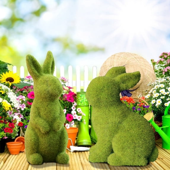 Flocked Easter Bunny Resin Garden Statue - Soft Fleece Rabbit Figurine for Outdoor Garden, Yard and Lawn Decor, Weather-Resistant Easter Ornament for Spring Patio and Landscape Accent, 2*5in, Green