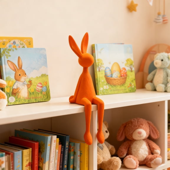 Flocked Easter Bunny Shelf Sitter, Orange Long-Legged Rabbit Figurine for Home Decor, Ideal for Mantel, TV Stand & Bookshelf, Charming Spring Holiday Accent