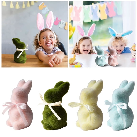 Flocked Easter Figurines With Bowtie Easter Holiday Spring Decor Rabbit Figurines Garden For Indoor Table Home Kitchen(4pcs)