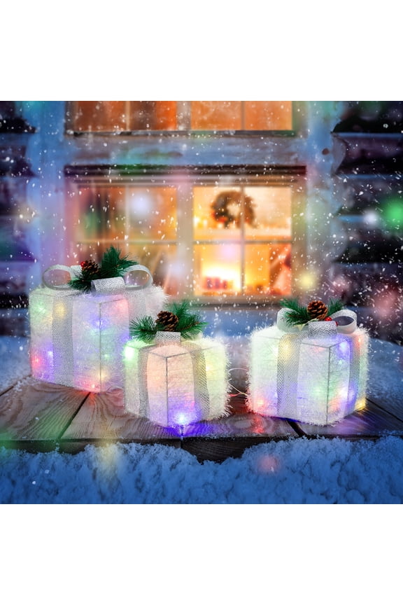 Flocked Gift Box w/Colorful Lights, 3pcs Christmas Ornaments with Berries, Branches, Pine Cones Decor, Lighted Christmas Tree Decorations for Indoor Home