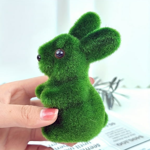 Flocked Green Bunny Figurine, Cute Artificial Moss-Like Rabbit Statue for St. Patrick's Day & Easter Decor, Tabletop Shelf Accent for Home, Office, Spring Party, Charming Faux Fur Animal Decor