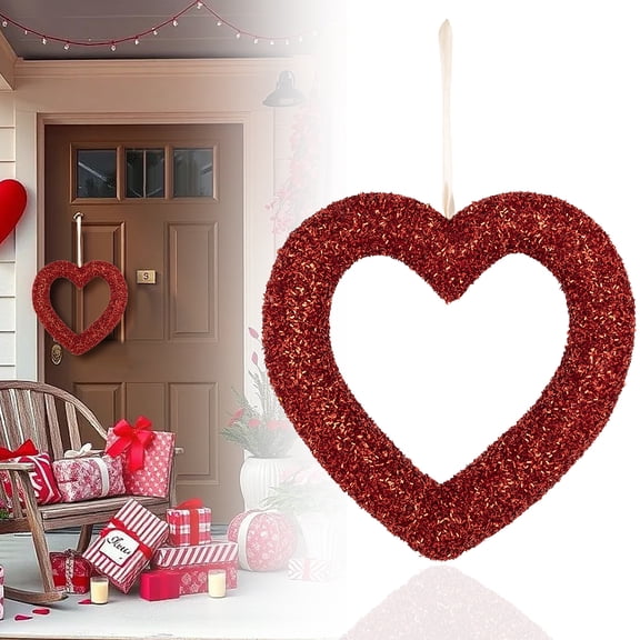 Flocked Heart Wreath Red 12 Inch - Valentine's Day Festive Decor, Heart Shaped Hanging Sign for Front Door, Wedding & Anniversary