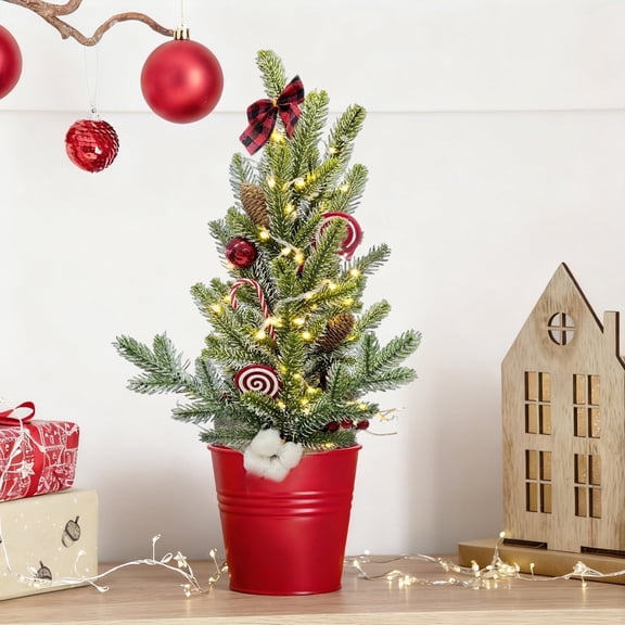 HioHa 18-Inch Pre-Lit Mini Tabletop Tree with Warm White LED Lights, Flocked Branches with Red Berries & Pinecones, Artificial Snowy Tree for Shelf Desk Mantel Indoor Home Party Decor