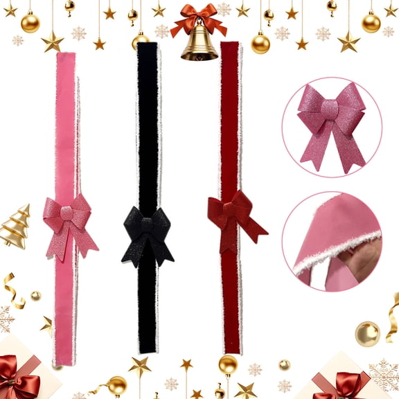 Flocked Multi-Loop Bow Ribbon Garland, White Edges Plush Holiday Ribbon for Mantel and Door Decor, Christmas Tree Garland for Family Gatherings, Festive Bow Garland for Indoor Arrangements Akmoler