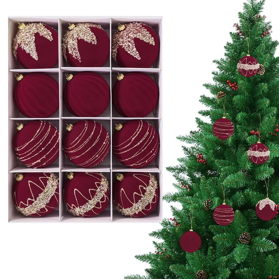 Flocked Ornaments for Christmas Tree - Maroon Red Burgundy Velvet Ball Ornament for Xmas Holiday Decoration - Shatterproof Christmas Ornaments for Indoor Decor, 3.15 inches Pack of 12pcs