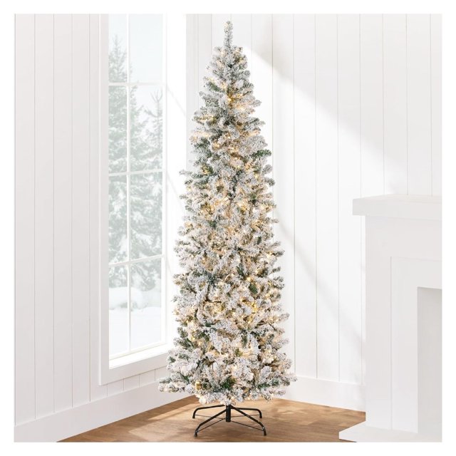 Flocked Pencil Christmas Tree, PreLit Slim Artificial Holiday