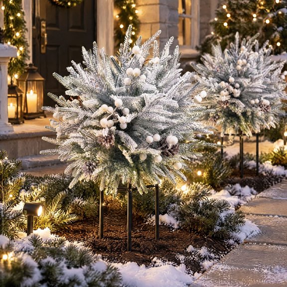 Flocked Pine Ground Stake Decor, Christmas Yard Decor, Snow Pine Branches White Berries Pine Cones, for Christmas Outdoor Yard Garden Ornament