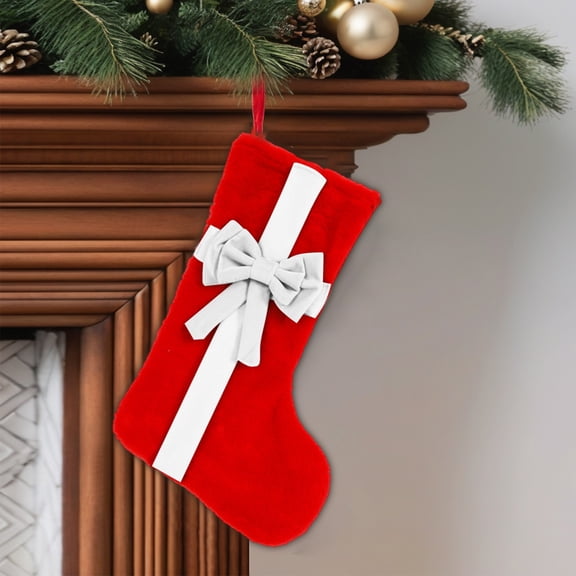 Flocked Polyester Christmas Stocking, Handmade Velvet Bow Hanging Sock, Large Capacity Candy Gift Holder For Fireplace,Mantel Wall Xmas Home Holiday Ornament