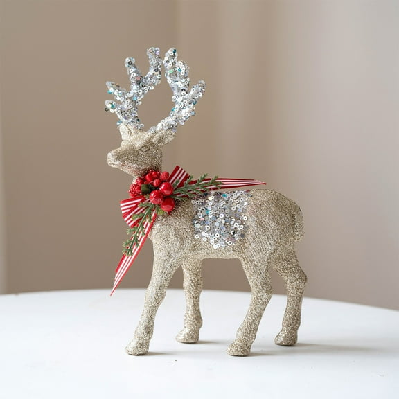 Flocked Reindeer Christmas Ornament with Sparkling Powder Desktop Milu Deer Figurine for Holiday Decoration, Gift, Tabletop Display or Photo Prop