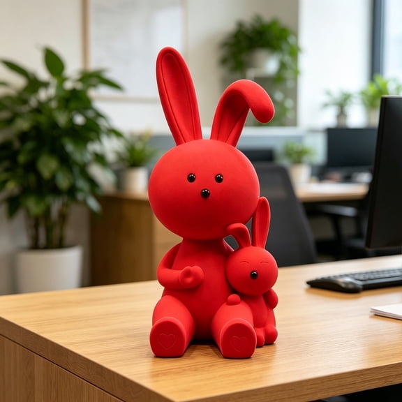 Flocked Resin Rabbit Figurine for Home Decor - Heartwarming Parent and Cub Bunny Sculpture, Handcrafted Gift for Living Room, Bedroom, Desk Red