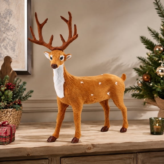 Flocked Sika Deer Christmas Figurine, Realistic Spotted Reindeer Statue, Indoor Tabletop Decor for Mantel, Shelf & Living‑Room Winter Display