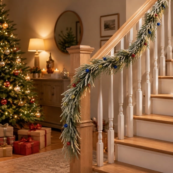 Flocked Snow Garland, Frosted Pine Vine, Winter Christmas Decor, Creates Snowy Ambiance and Drapes Effortlessly, for Fireplace Mantels, Stair Railings and Shelf Edges.