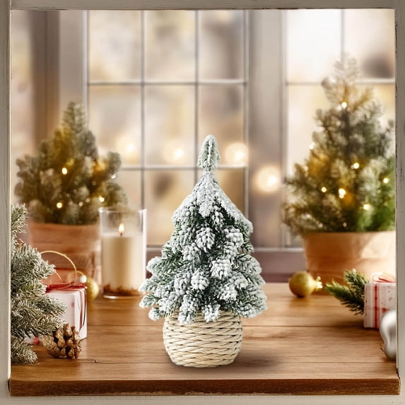 Flocked Tabletop Christmas Tree 10 Inch, Mini Snow Covered Cedar Desk Decor with Weighted Jute Base for Mantel Shelf Home Office Holiday Display