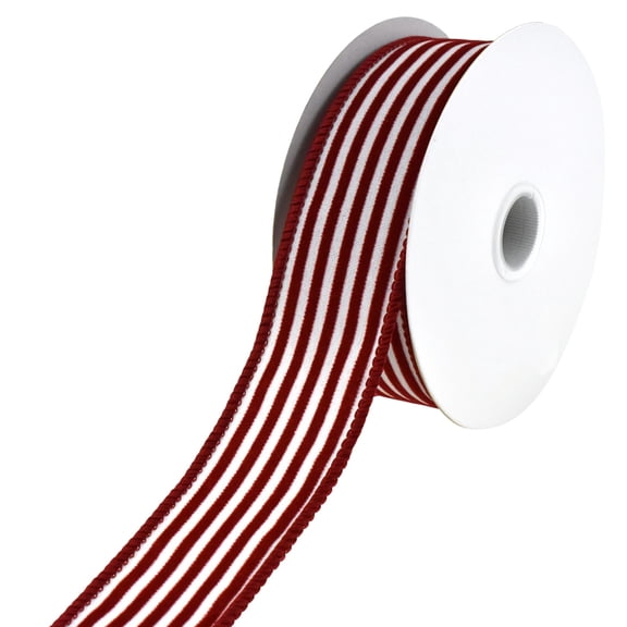 Flocked Velvet Cabana Stripes Wired Ribbon, 1-1/2-Inch, 10-Yard - Red/White