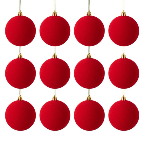 Flocked Velvet Christmas Ball Ornament Set, Red, 12-Piece Set, 2.36 in, seasonal themed details, lightweight display construction