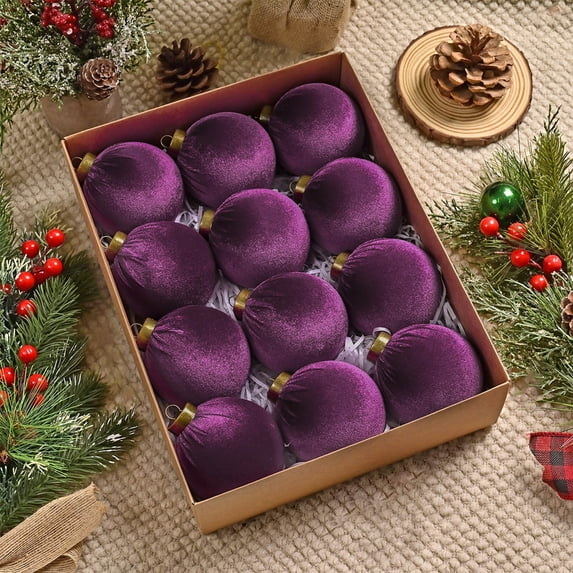 Flocked Velvet Christmas Ornaments - 12pc Rustic Brown Tree Decor Set (3.15” Shatterproof Balls)