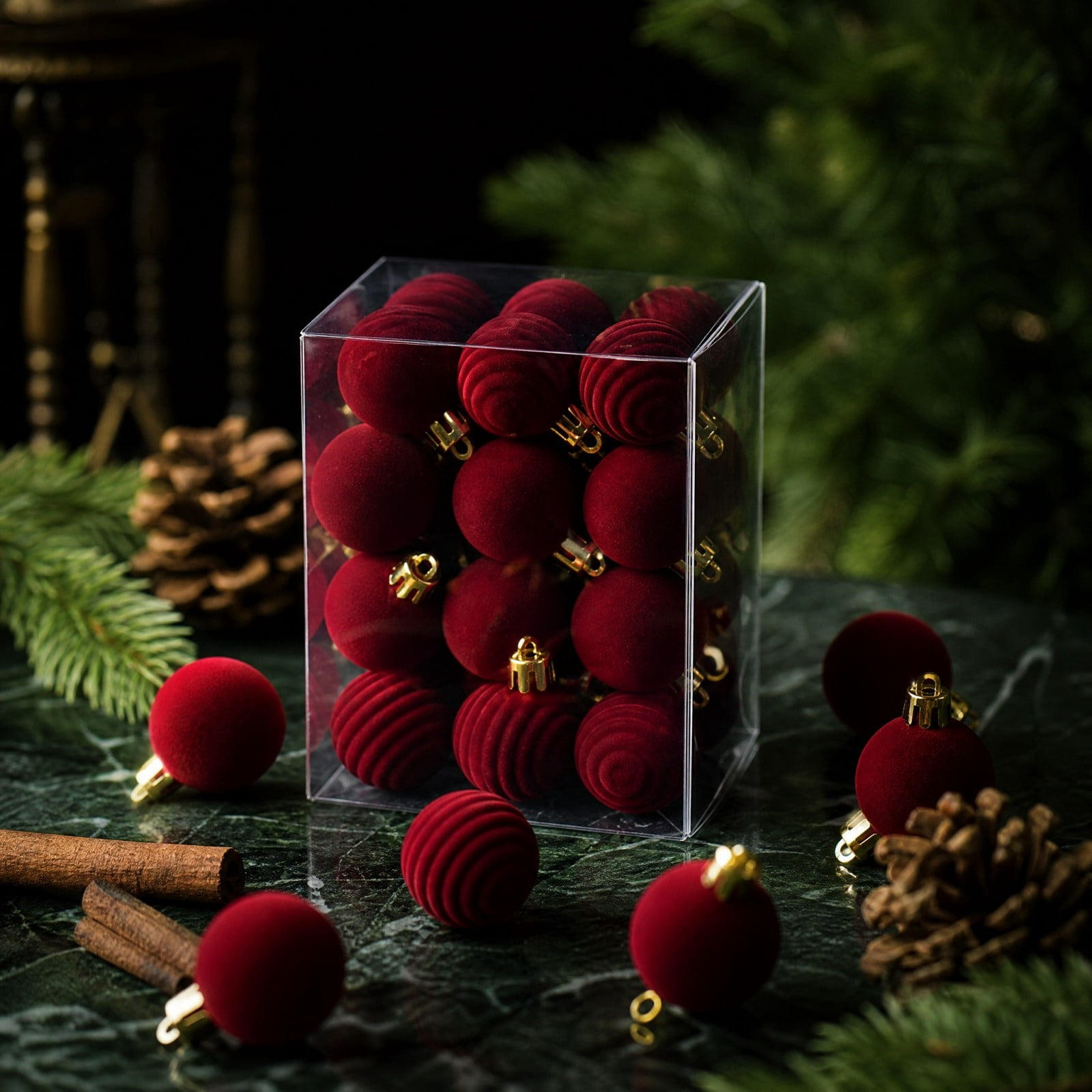 Flocked Velvet Christmas Ornaments, 30 Pack Burgundy Mini Shatterproof Balls, Ribbed Textured with Hanging Loops for Tree Decor