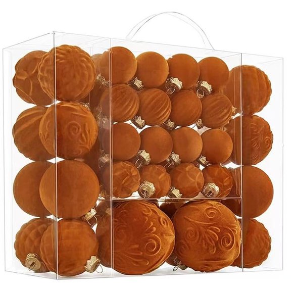 Flocked Velvet Christmas Ornaments, 46pcs Mix Size Shatterproof Plastic Christmas Hanging Balls for Xmas Tree, Wreath, Party & Holiday Home Decor, Orange