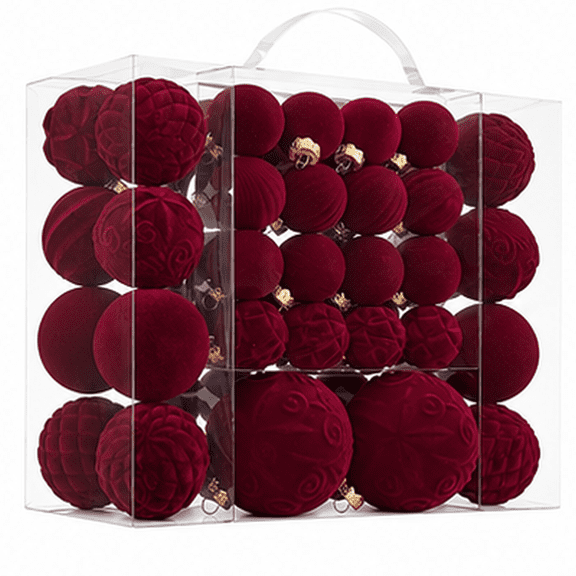 Flocked Velvet Christmas Ornaments, 46pcs Mix Size Shatterproof Plastic Christmas Hanging Balls for Xmas Tree, Wreath, Party & Holiday Home Decor, Wine