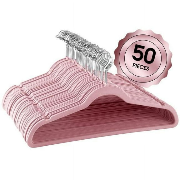 Flocked Velvet Clothes Hangers with Stainless Steel Swivel Hooks, Pink - 50 Piece
