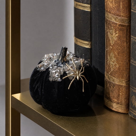 Flocked Velvet Pumpkin Figurines, Black & Orange Glitter Artificial Pumpkins Tabletop Decor