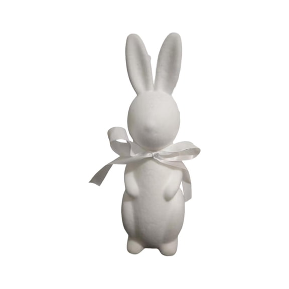 Flocked White Easter Bunny, 25Cm decorative Plush Rabbit with Bow decorations, for Easter Table decor, Spring Table Centerpiece, Mantle decorations, Spring Party decorations and