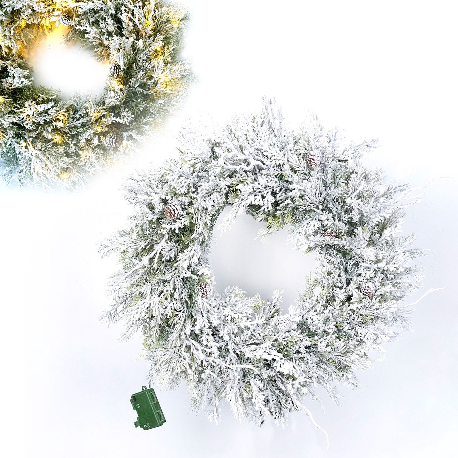 Flocked Wreath with Battery Operated LED Lights, 24 in Artificial ...