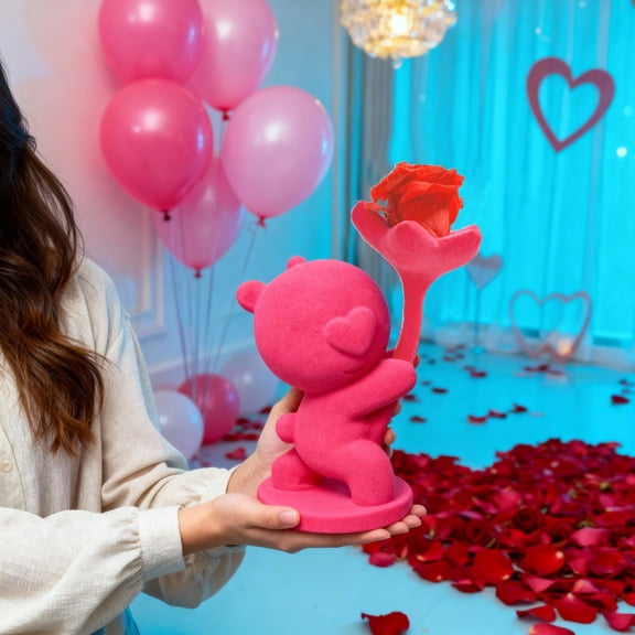 Flocking Bear Rose Flower Arrangement, Artificial Rose Bear Gift for Valentines Day, Romantic Floral Teddy Bear for Girlfriend, Birthday Gift for Her, Home Decor for Bedroom Tabletop Akmoler