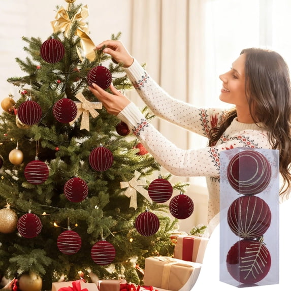 Flocking Christmas Ball Ornaments 8cm 3Pcs Set Red Velvet Tree Hanging Decorations