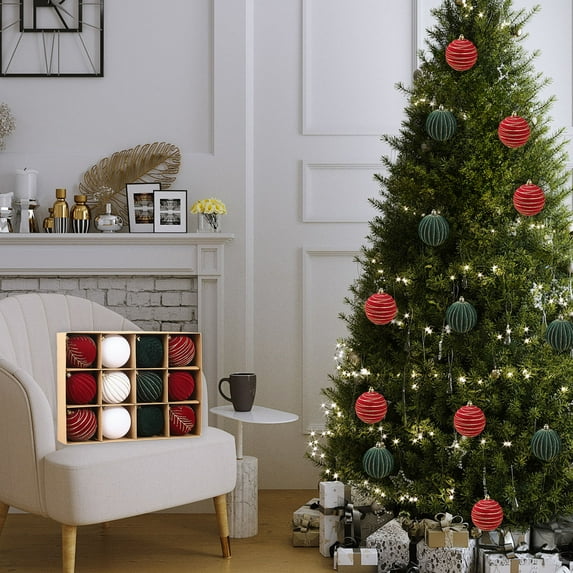 Flocking Christmas Balls Ornament Set, 12pcs White and Gold Glitter Decorative Hanging Ornaments, Shatterproof Christmas Tree Decorations for Holiday Party Home Décor