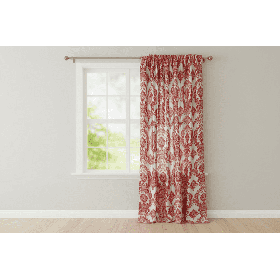 Flocking Damask Taffeta Window Curtain 56 Inch Wide Red on White