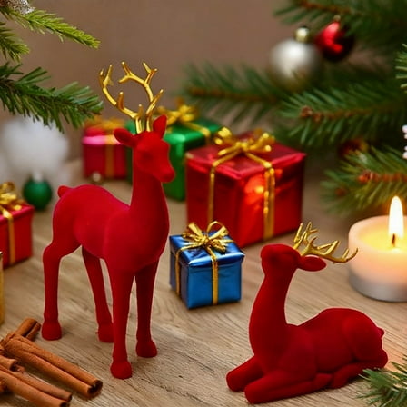 Flocking Reindeer Christmas Tabletop Decoration, Red, 13", 2 Count Christmas Decor Deer Figurine Decorations