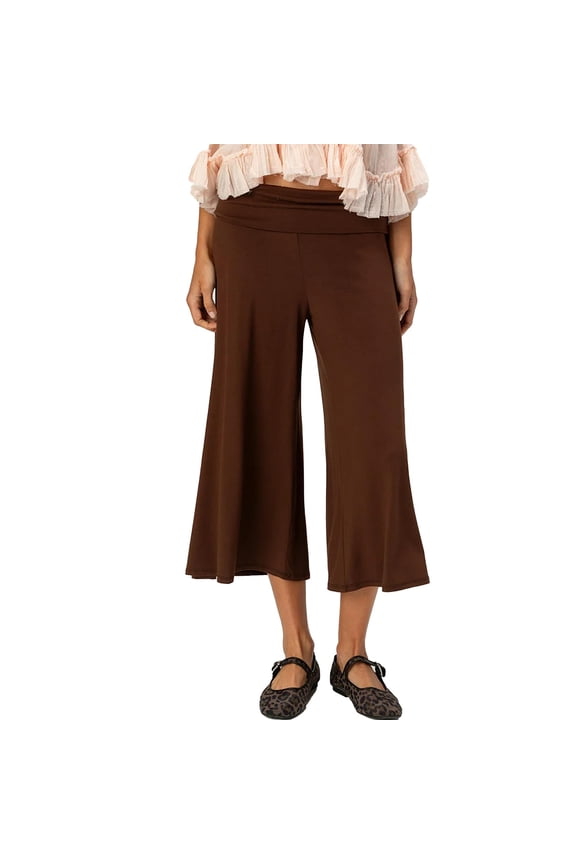 Flod Over Capri for Women Flowy Low Rise Wide Leg Pants Casual Stretch Striped Cropped Pant Coffee S