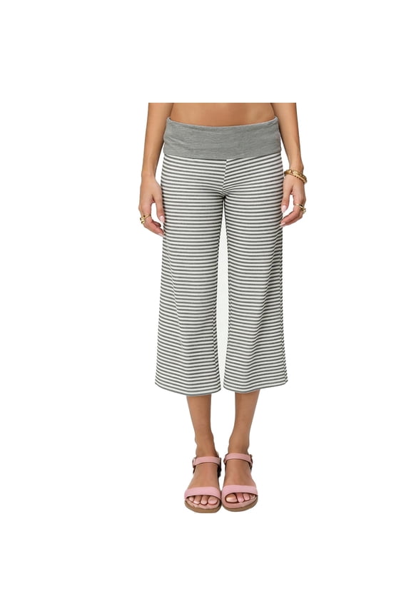 Flod Over Capri for Women Flowy Low Rise Wide Leg Pants Casual Stretch Striped Cropped Pant Light Gray S